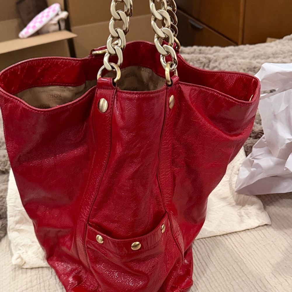 Michael Kors Red Patent Leather Shoulder Bag with Gold Accents - Picture 6 of 9